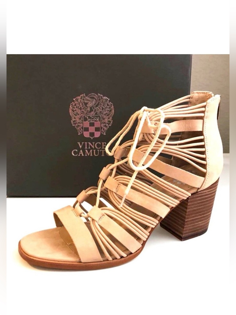 NWT VINCE CAMUTO Kaiann Nubuck Caged Gladiator Block Heel Sandal 11